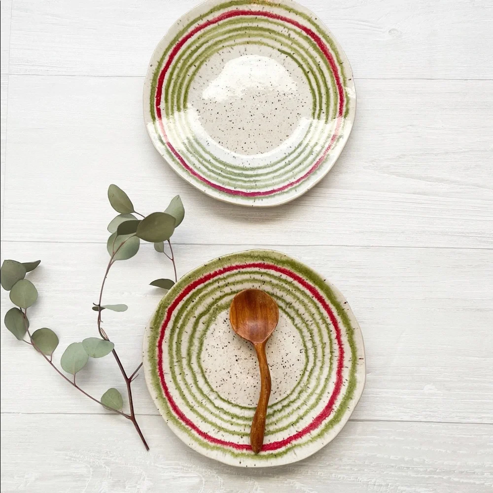 CRATE & BARREL Lina Stripe 8.5” Handcrafted Handpainted Salad Plates (Set of 2)